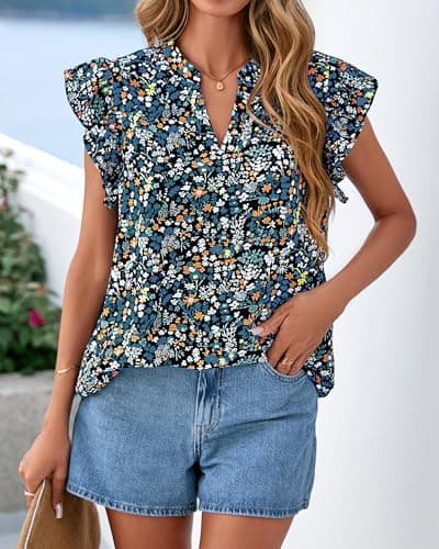 Zenlonr Womens Dressy Casual Tops 2026 Summer Ruffle Cap Sleeve V Neck Shirts Boho Floral Blouses Vacation Outfits(Floral Black Blue,XX-Large) - Thumbnail 2