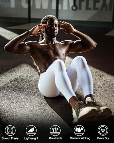 RIKUAOU Men’s Compression Pants Running Leggings Athletic Base Layer Workout Tights with Pockets for Sports Basketball White - Thumbnail 5