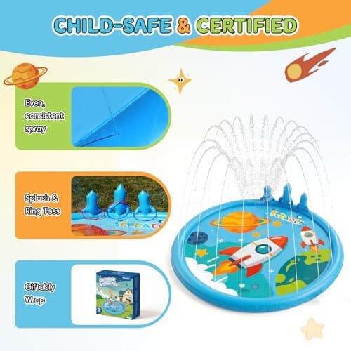 Peradix Toddler Splash Pad for Kids, 67" Sprinkler Mat with Ring Toss Game, Kids Summer Toys for Boys Girls & Family, Baby Splash Pad for Outside Backyard Garden Lawn Water Games, 6 Plastic Rings - Thumbnail 5