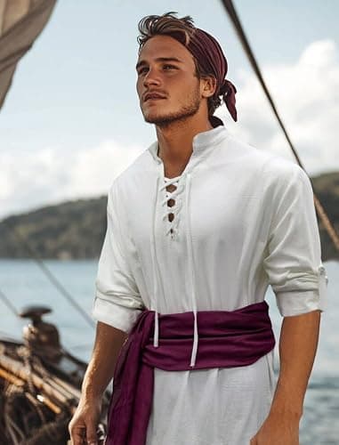 Verceco Mens Pirate Costume Outfit Renaissance Costume Men Medieval Outfit With Pirate Pants Shirts Sash Accessories (white, XX-Large) - Thumbnail 2