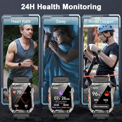 Military Smart Watch for Men(Answer/Make Call), Outdoor Sports Smartwatch with Flashlight/100 Days Battery/Compass/Heart Rate/SpO2/Sleep Monitor/2 Straps, Fitness Tracker for iPhone/Android Phones - Thumbnail 5