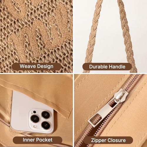 fauson Straw Beach Bags for Women Beach Travel Shopping - Handmade Woven Rattan Straw Large Boho Tote Handbag Purse, Lightweight Summer Vacation with Zipper Pocket, Foldable Carryall - Natural Large - Thumbnail 6