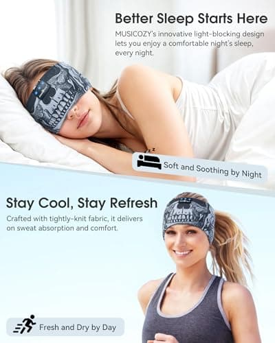 MUSICOZY Sleep Headphones Bluetooth Headband, Wireless Sleeping Headphones Music Sport Headbands, Long Time Play Sleeping Headsets Built-in Thin Speakers, Skulls Design for Sleeping Yoga - Thumbnail 2