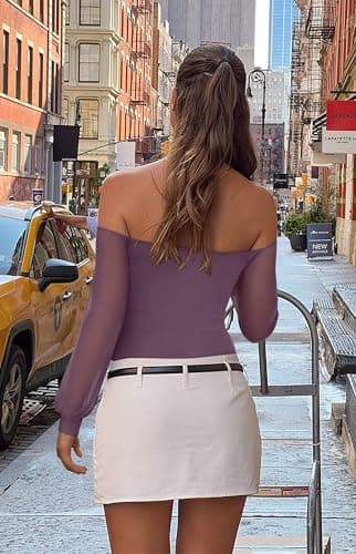 REORIA Womens Going Out Off The Shoulder Sheer Mesh Puff Long Sleeve Thong Bodysuit Tops Gray Purple X-Small - Thumbnail 5