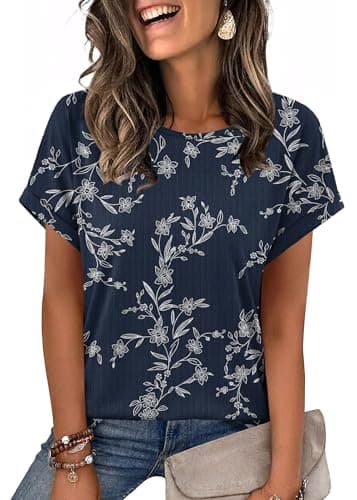 WIHOLL Short Sleeve Shirts for Women Trendy Summer Outfits Spring Break Essentials Dressy Casual Blouses Going Out Business Outfits Beach Vacation Clothes Blue Floral M - Image 1