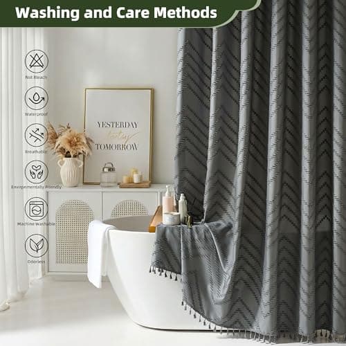 Siiluminisoy Extra Long Grey Boho Shower Curtain with Tassel, Woven Fabric 96 in Shower Curtain, Tufted Chevron Striped, 72 x 96, Modern Chic Textured Minimalist Bathroom Shower - Thumbnail 6