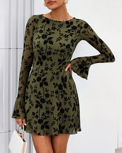 BTFBM Women Floral Wedding Guest Dress Spring 2026 Casual Long Sleeve Crew Neck Flowy Party Cocktail Mini Dresses(Floral Army Green,Large) - Thumbnail 2