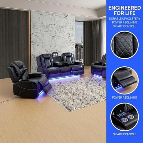 Oversized Modular Sectional Sofa,Leather Sectional Couch with Recliner,Sectional Couches for Living Room, Leather Reclining Sectional with Wireless Charging, LED Lights & Hidden Storage, Black - Thumbnail 4