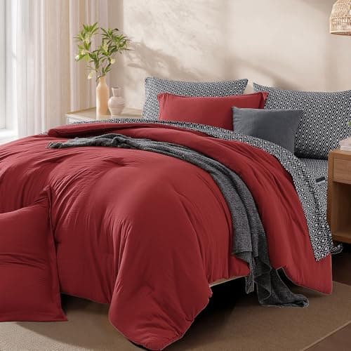 Monbix Queen Comforter Set - 7 Pieces Bright Red Prewashed Bed in a Bag Queen Bedding Sets with Comforters, All Seasons Ultra Soft Comforter Bed Set with Sheets, Pillowcases & Shams - Thumbnail 2