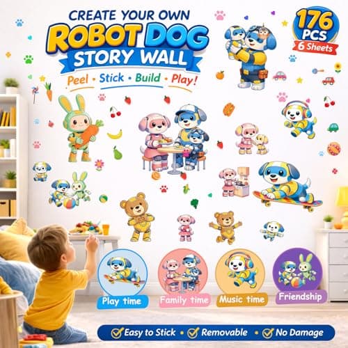 Humerry 176 PCS Robot Dog Family Wall Stickers, 6 Sheets Large Removable Peel and Stick Cartoon Puppy and Their Friends Wall Decals for Nursery, Playroom and Bedroom Decor - Thumbnail 2