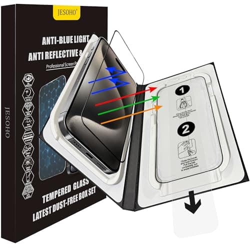 JESOHO Screen Protector for iPhone 15 pro Max (6.7 inches) Blue Light Blocking, Anti-Reflective Shatterproof HD Tempered Glass with Easy Installation Tray,Touch Sensitive,9H,2 Pack