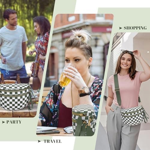 WOOMADA Checkered Crossbody Bag Bum Bag for Women, Fanny Pack Checkered Purse, Belt Bag with Shoulder Strap(Army Green Checkerboard) - Thumbnail 6
