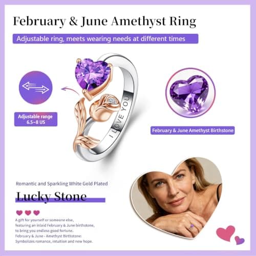 1CT Rose Heart Adjustable Ring 6.5~8 Ring Moissanite/Lab Created Ruby/Emerald And More VVS1 D Clarity 18K White/Rose Gold Gift for Wife Mother Daughter Birthday Wedding Engagement Christmas Anniversary Mothers Day Gift for Mom Bride (02/06-Feb/Jun Amethyst) - Thumbnail 2