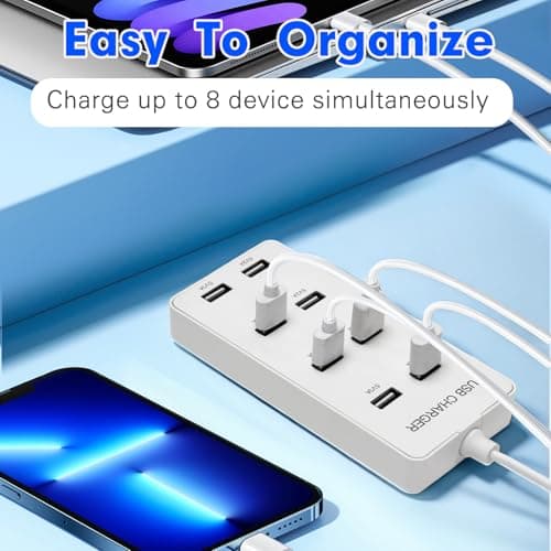 USB Wall Charger USB Charging Station for Multiple Devices 8-Ports Power Hub Strip Smart Charger Block Compatible with iPhone, Galaxy, iPad Tablet, and Other Devices（White） - Thumbnail 6