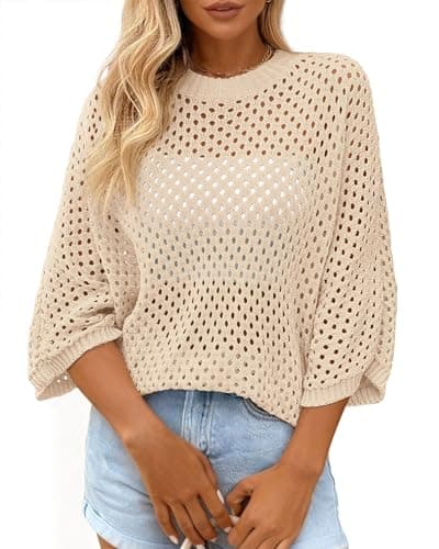 KIRUNDO Crochet Tops for Women Spring Summer Short Sleeve Hollow Out Loose Beach Sweater Lightweight Knit Cover Up Shirts Beige - Image 1