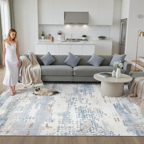 DCX Abstract Area Rug 9x12, Washable Blue Modern Rug for Living Room, Kid & Pet Friendly with Rubber Back Non Slip, Soft Low Pile Carpet, Stain Resistant Rug for Bedroom, Office, Dining Room - Thumbnail 3