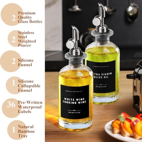 Olive Oil Dispenser Bottle with Bamboo Tray, GIXSEGIE Oil and Vinegar Dispenser Set w.Metal Pour Spout, Coffee Syrup Dispenser, Olive Oil Cruet Cooking Oil Dispenser, Oil Container Bottles for Kitchen - Thumbnail 4