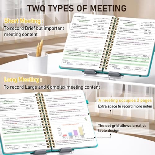 WEMATE 5 Pack Meeting Notebooks for Work（7"x10"） 200 Pages, PU Leather Notebook with Action Items & Note, For Staff & Students, Meeting, Projects Planning- Black, Blue, Green, Olive Green, Dark Blue - Thumbnail 2