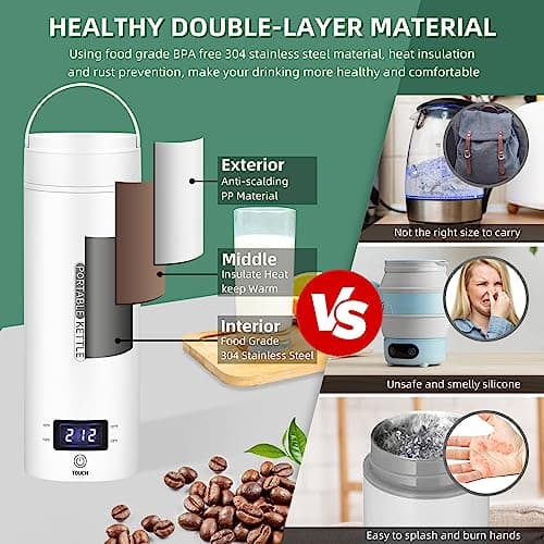 Travel Electric Kettle Portable Small Mini Tea Coffee Kettle Water Boiler, Water Heater with 4 Temperature Control,304 Stainless Steel with Auto Shut-Off & Boil Dry Protection, BPA-Free (White) - Thumbnail 5