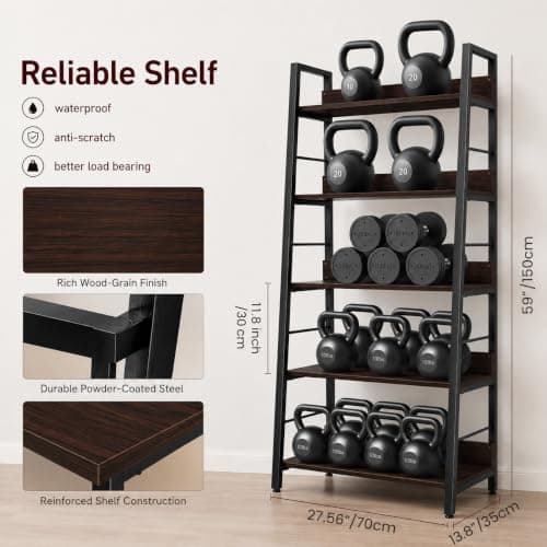 BATHWA 5 Tier Book Shelf, Rustic Industrial Ladder Bookshelf Wood Metal, Dark Brown Farmhouse 28'' Wide 59''Tall Ladder Shelf Living Room, Bedroom, Home Office - Thumbnail 3