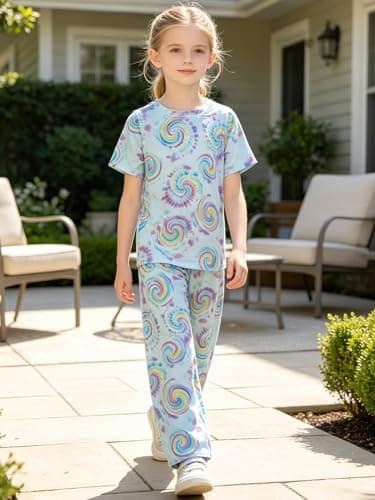 LUCKYLI Girls Summer Outfits Rainbow Spiral Tie Dye Style Short Sleeve Tops and Long Pants 2 Piece Fashion Clothing Sets 4-12Y (White/Rainbow, 9-10Y) - Thumbnail 4