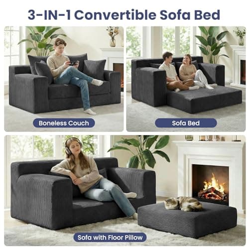 3-in-1 Convertible Sofa Bed: Boneless Loveseat Sleeper & Folding Couch Bed with 4 Pillows & Detachable Cushion for Bedroom, Small Space, Guest and Living Room, Corduroy Futon, No Assembly,Black - Thumbnail 3