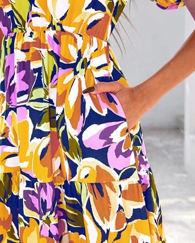 dowerme Womens Summer Dresses 2026 Casual Puff Short Sleeve V Neck Floral Boho Tiered Ruffle Maxi Dress with Pockets(Navy Yellow Purple,Small) - Thumbnail 6