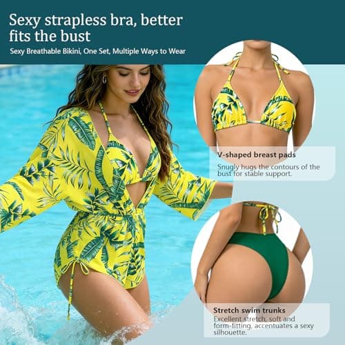 Bolsamila Women's 3 Piece Swimsuit Leaf Print Halter Bathing Suit Summer Tropical Halter Triangle Bikini Set with Beach Cover Up Yellow Green Beach Pool Vacation Small - Thumbnail 5