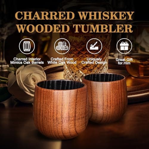 Charred Wooden Bourbon Drinking Glass, Bourbon Gifts for Men – 10oz Wooden Old Fashioned Glasses Set Whiskey Tumbler | Birthday Whiskey Gifts for Men, Dad or Brother Original Bourbon Tumbler (2 Pack) - Thumbnail 2