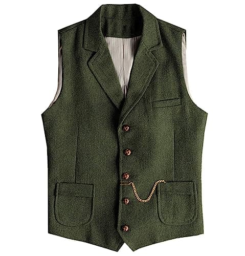 AeoTeokey Men's Tweed Suit Vest Western Herringbone Wool Casual Waistcoat for Groomsman (Army Green,Large) - Image 1