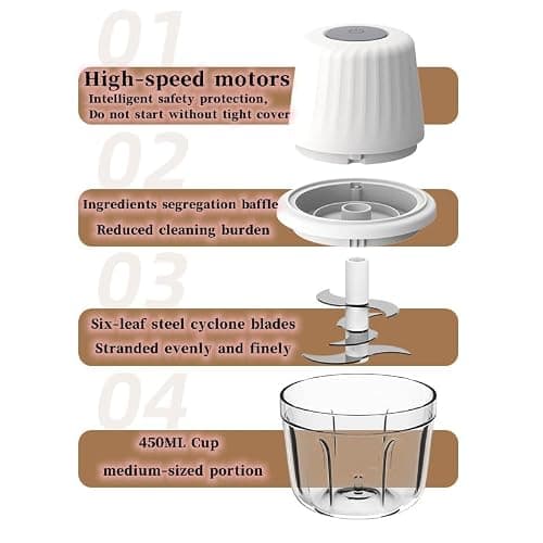 450ML Electric Garlic Chopper, Mini Portable Veggie Choppers, Garlic Grinder Masher Onion Chopper, Blender to Vegetable, Wireless Food Processor for Ginger, Chili, Fruit, Meat, etc - Thumbnail 3