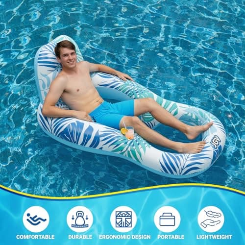 JGV Pool Floats Lounger, 2-Pack Inflatable Chair Lounger Floaties with Drink Holder, Inflatables Water Floating Rafts for Swimming Pool Tanning, Pool Party, Summertime Beach Outdoor - Multicolor - Thumbnail 6