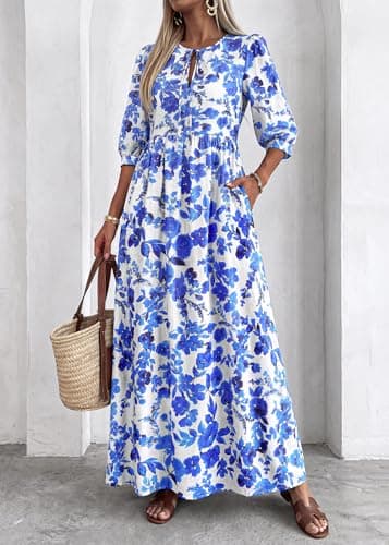 KIRUNDO Summer Dresses for Women 2026 Spring Wedding Guest Boho Floral 3/4 Sleeve Beach Vacation Cruise Flowy Maxi Dress(Blue, Small) - Thumbnail 4
