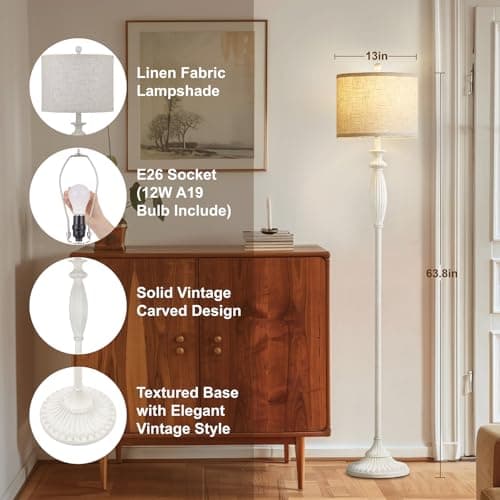63.8" Vintage Floor Lamp with Rotary Switch, Dimmable Color Temperature Standing Lamp, Retro Farmhouse Floor Lamps for Living Room, Bedroom, Hallway, Office, Room Decor, Antique White (Bulb Included) - Thumbnail 2