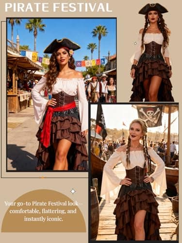 Verceco Pirate Costume Women Outfit with Renaissance Pirate Shirt Skirt Corset Waist Belt Womens Halloween Pirate Costumes (Beige+Brown, M) - Thumbnail 2