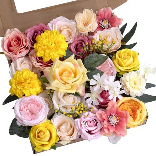 BSMYBO Artificial Flowers Combo Pink Yellow Silk Flowers Mix Fake Rose Peony Chrysanthemum with Stem for Wedding Bridal Bouquets Baby Shower Cake Floral Arrangement Table Centerpieces Home Decor - Image 1