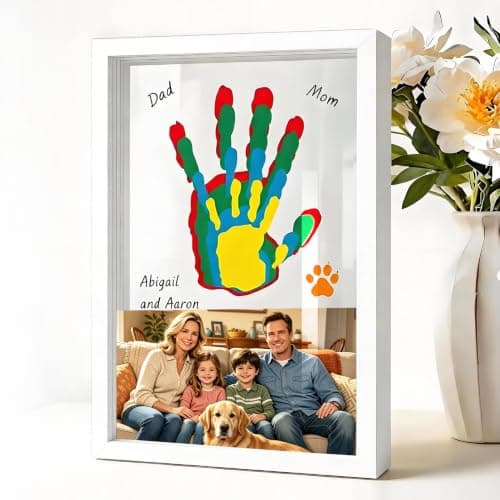 Family Handprint Kit, Extra Large 3D Floating Wooden Keepsake Frame That Holds Family Photo, Non-Toxic Baby Safe Paint, DIY Hand & Pet Paw Print Craft, Baby Shower Mother’s Day Gift for New Parents (White Vertical)