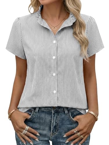 Funlingo Women's Striped Button Down Shirts Short Sleeve Ruffle Collar Work Blouses Fashion 2026 Spring Business Casual Tops Summer Clothes Black White 2XL - Image 1