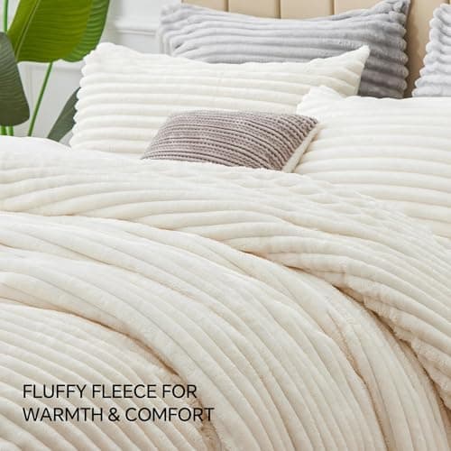 BEDELITE Fleece Full Comforter Set -Super Soft & Warm Fluffy Cream White Bedding, Luxury Fuzzy Heavy Bed Set for Winter with 2 Pillow Cases - Thumbnail 6