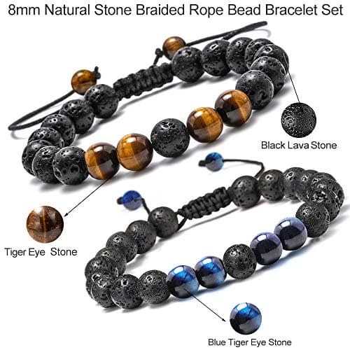 M MOOHAM Bracelets for Men Gifts - Beaded Lava Rock Tiger Eye Black Adjustable Bracelets for Mens Jewelry Gift - Thumbnail 6