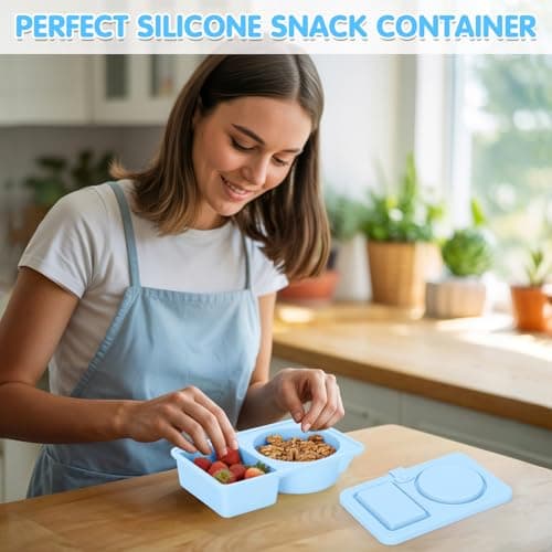 Dalycro Silicone Snack Containers with Lids – Reusable Snack Containers with Double Compartments for Adults Mini Silicone Food Box Perfect for Travel Lunch Gym (Blue) - Thumbnail 6
