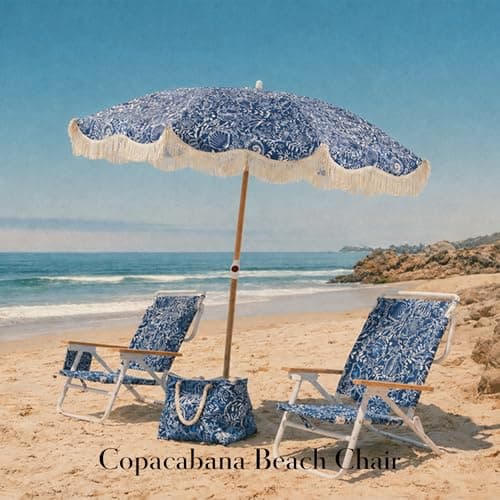 DEER LAND 5-Position Low Beach Chair, Portable Lightweight Folding Beach Chair with Wooden Armrests, Storage Pouch & Carry Strap, Coastal Beach Print – Reef Indigo - Thumbnail 2