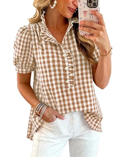 MASCOMODA Womens Puff Short Sleeve Summer Tops Striped Plaid Ruffle V Neck Button Down Shirts Business Casual Work Blouses(Plaid Khaki,Large) - Image 1