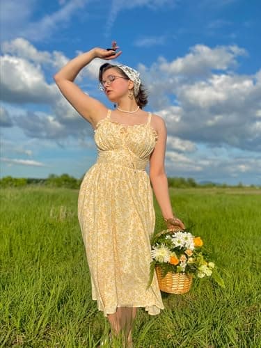 Scarlet Darkness Women's 2026 Summer Floral Print Flowy A Line Dresses Milkmaid Maxi Dress with Pockets Beige Yellow Floral XXL - Thumbnail 6