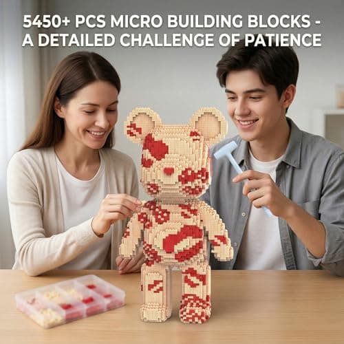 SehrKlug 16.9" Kiss Bear Teddy Blocks Building Set for Adults, Ages 14+, Micro Brick DIY Model Kit Challenge, Collectible Home Decor for Office or Bedroom, Screen-Free Stress Relief, Birthday Gifts - Thumbnail 3