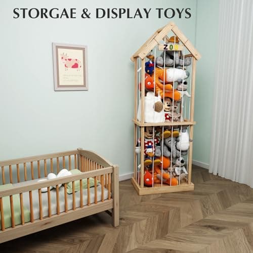 Eniffbaa Stuffed Animal Storage Zoo, 60.6" Tall Solid Pine Toy Storage Organizer, Reinforced Wooden Base & House Shape Plushie Holder Cage, Large 3D Plaque for Nursery Bedroom Playroom Decor (Natural) - Thumbnail 2