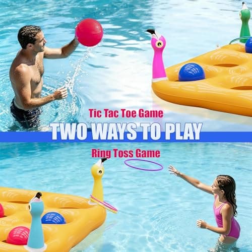 Flamingo Pool Toys Games Set, 2-in-1 Giant Inflatable Tic Tac Toe Float Game & Ring Toss Game with 10 Balls & 6 Rings, Outdoor Summer Fun Beach Yard Swimming Pool Games for Adults Teens Kids 6+ - Thumbnail 2