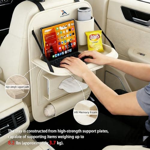 FASTAGEI 2 Pack Universal Premium Leather Foldable Car Backseat Organizer with Table Tray, Car Seat Back Protector with Garbage Bag Touch Screen Pad Holder, Car Kick Mats with Tissue Box (Beige) - Thumbnail 2
