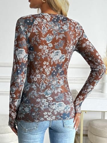 Dealmore Womens Mesh Sheer Lace Going Out Slim Fitted See Through Tops Spring Fashion Clothes 2026 Outfits Brown M - Thumbnail 4