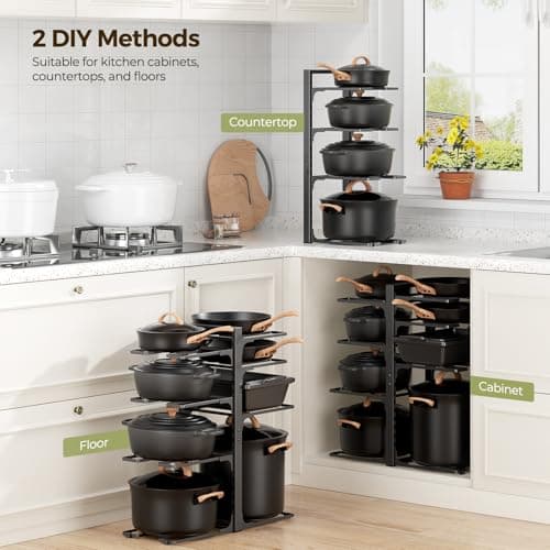 LAMU Pots and Pans Organizer under Cabinet 20.8" Height, 8 Tier Heavy Duty Pan Organizers inside Cabinet with Adjustable Pot Rack, Holds up to 120 LB for Stockpots Dutch Ovens and Cast Iron Cookware - Thumbnail 6